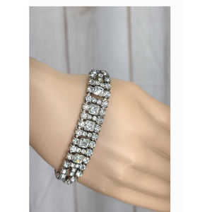 Vintage Garne Jewelry Silver Tone 2/3 Row Rhinestone Bracelet Emerald/Round 7.5